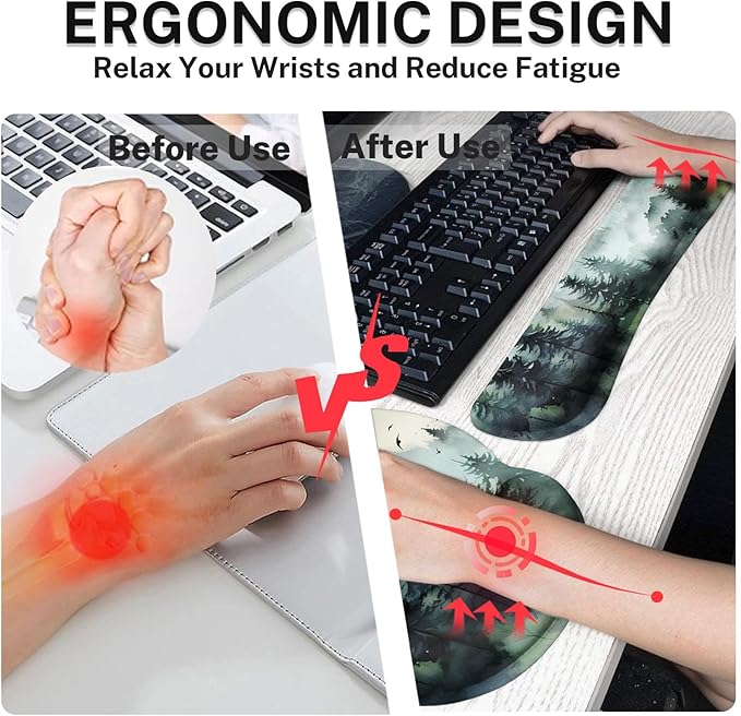Britimes Green Ink Style Mountain Forest Keyboard Mouse Pad Set 4in1 Large Mousepad+Keyboard Wrist Rest+Mouse Wrist Rest+Coaster Set with Ergonomic Design for Home Office Computer 35.4x15.7 inches