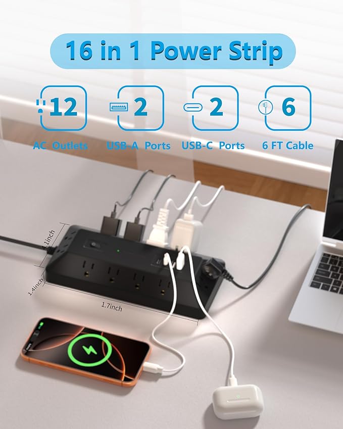 Inhwatek Surge Protector Power Strip with USB Ports (PD 20W), 6 Ft Extension Cord with Multiple Outlets, Flat Plug Outlet Extender for Home, Office, Dorm Room