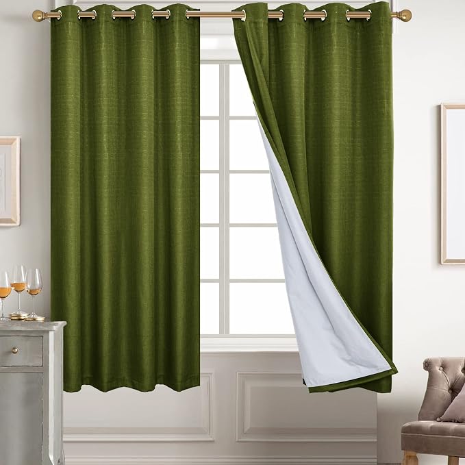 Diraysid 100% Blackout Curtains Olive Green Linen Curtains - Image 2