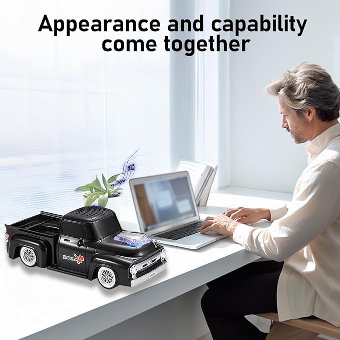 WSTER WS-538 Retro Pickup Truck Bluetooth Replica Speaker – Portable Wireless Car Model Speaker with FM, TWS, LED Party Lights, USB/TF Playback, Built-in Microphone, Type-C, Surprise Gift(Black)