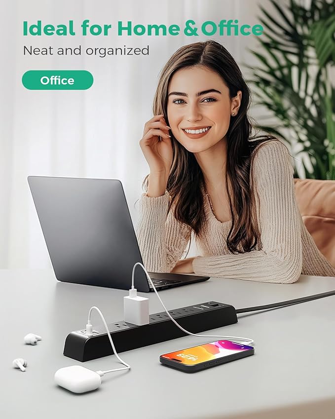 2 Pack Surge Protector Power Strip with 6 Outlets 4 USB Ports (2 USB C) 15-Foot Extension Cord Flat Plug 900 Joules 15A Circuit Breaker Wall Mount Desk USB Charging Station for Home Office