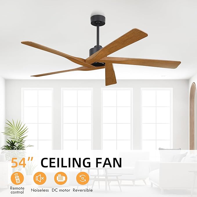 WINGBO 54" ABS DC Ceiling Fan No Light, 5 Blade Wood Grain ABS Ceiling Fan with Remote, 6-Speed Reversible DC Motor, Ceiling Fans without Light for Kitchen Bedroom Living Room, Matte Black and Walnut