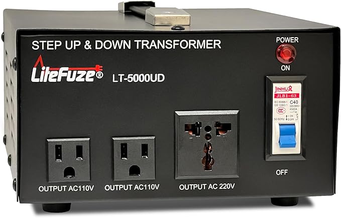 LiteFuze 5000 Watt Voltage Converter Transformer Step Up/Down - 110v to 220v / 220v to 110v Power Converter - Fully USA Grounded Cord - Universal Outlet Socket, 2x US Outlets - CE Certified