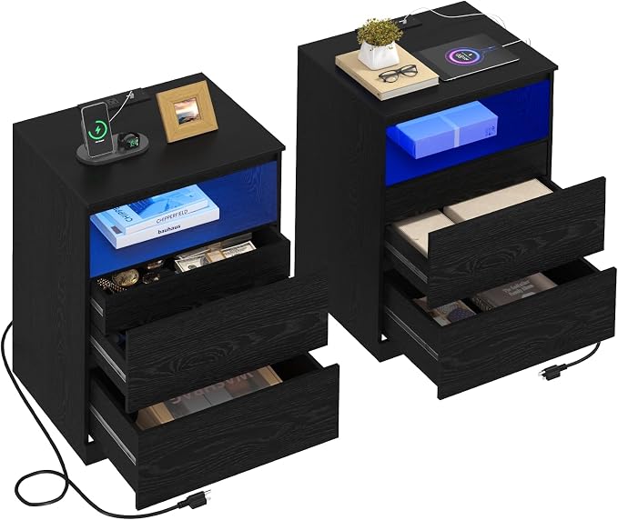 Nightstands Set of 2 with Charging Station, LED Lights, Hidden Drawer, Modern by Draelibor