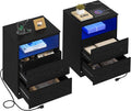 Nightstands Set of 2 with Charging Station, LED Lights, Hidden Drawer, Modern by Draelibor