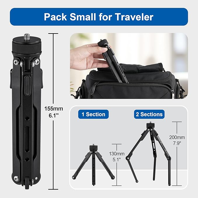 LEOFOTO Aluminum Mini Table Tripod, Weight 162g/0.35lb, Maxload 5kg/11lb, Foldable Stand, Compact Camera Spider Tripod, for Camera/Phone/Live Stream Light/Projector MT-03 Lightweight Version (MT-03S)