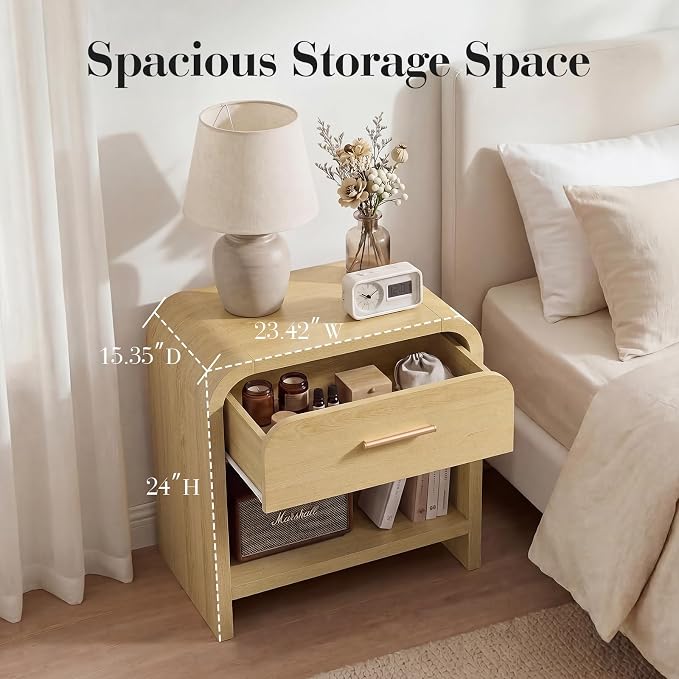 Night Stand 1-Drawer and 1 Storage Shelf Nightstand 24" H Metal Handle Modern - Image 2