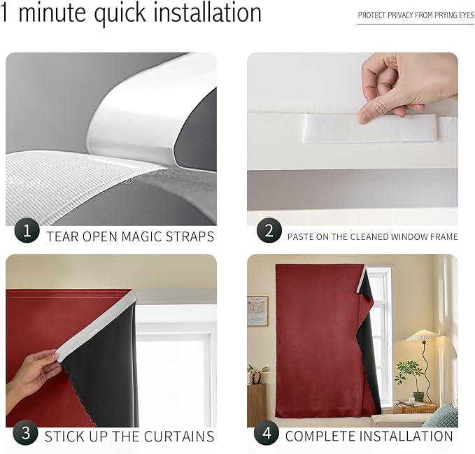 JILRON Adhesive Curtain 100% Blackout No-Drill Easy Install - Image 2