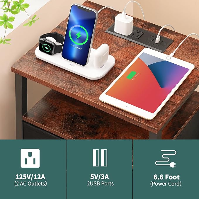 Yoobure Night Stand with Charging Station, 3 Fabric Drawers Nightstand - Image 6