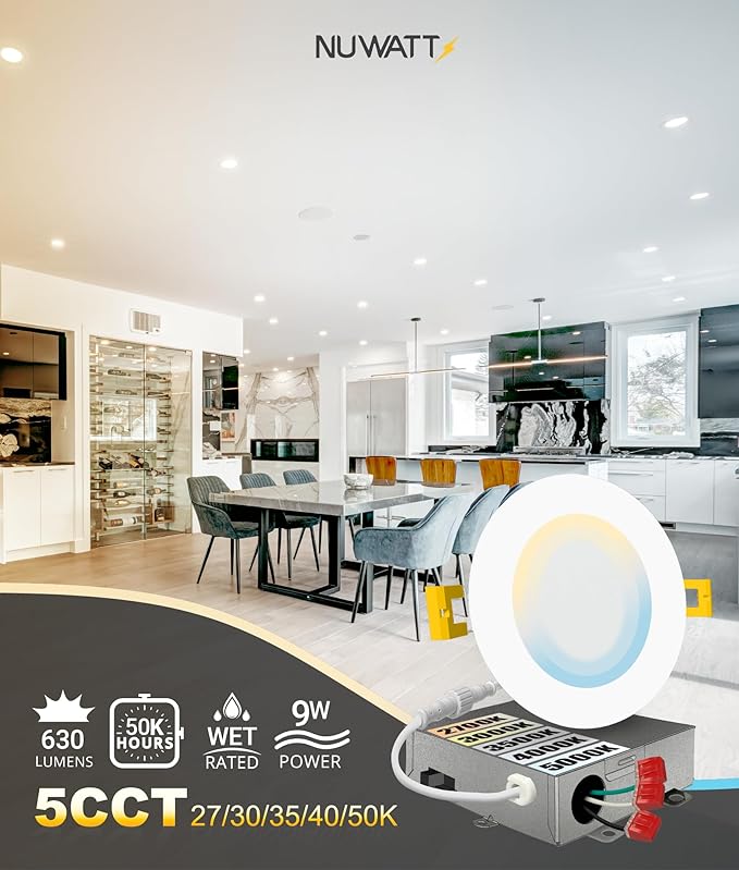 NUWATT 12 Pack, 4 Inch Ultra-Thin LED Recessed Lighting, 5CCT 2700K/3000K/3500K/4000K/5000K Selectable, 630LM, 9W, IC Rated, Dimmable Slim Panel Light, White Trim Canless Wafer with Junction Box, ETL