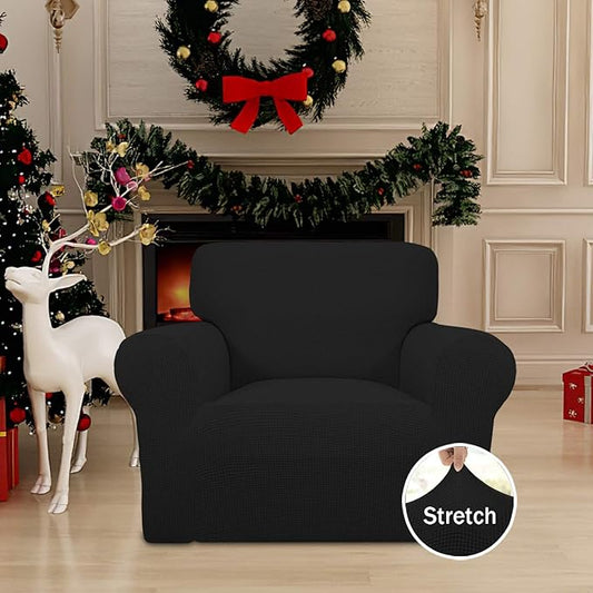 Easy-Going Stretch Chair Sofa Slipcover 1-Piece Couch Sofa Cover Furniture Protector Soft with Elastic Bottom for Kids, Pet. Spandex Jacquard Fabric Small Checks (Chair, Black)