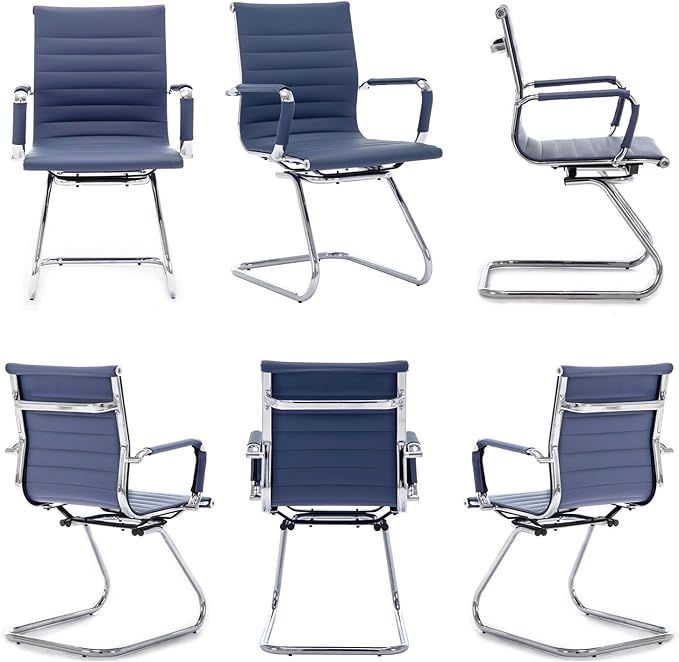 Wahson Office Guest Chairs Set of 4, Leather Reception Chairs, Mid Back Waiting Room Chair, Conference Chairs with Sled Base, Desk Chair No Wheels for Meeting/Lobby/Restroom, Navy Blue