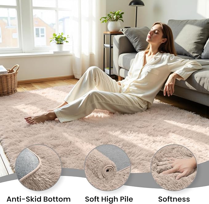 6x9 Fluffy Area Rug for Living Room: Soft Non-Slip Beige Bedroom Carpet | Ultra - Image 5