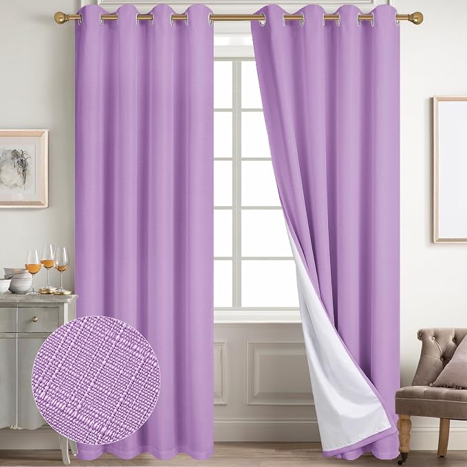 Diraysid 100% Blackout Curtains Lilac Linen Curtains - Image 3
