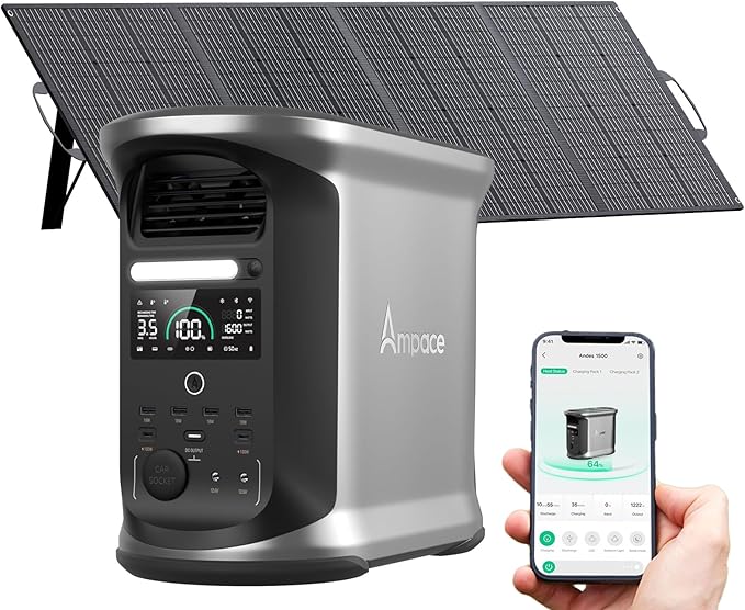 AMPACE Andes 1500 Portable Power Station with 400W Solar Panels 2400W(Surge 3600W), 1462Wh Solar Generator, LiFePO4 Battery, APP Control, Emergency Power for Home Backup, Camping, RV, Emergency