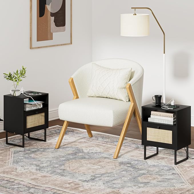 Masupu Rattan Nightstand with Charging Station, Modern Boho Farmhouse Wood - Image 4