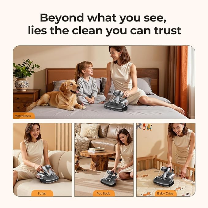JIGOO Mattress Vacuum Cleaner with UV-C Light, Bed Vacuum Cleaner with Dust Sensor, Ultrasonic and High Heating, Deep Cleaning Bed Vacuum for Sofa Bed Fabric Surface (Gray)