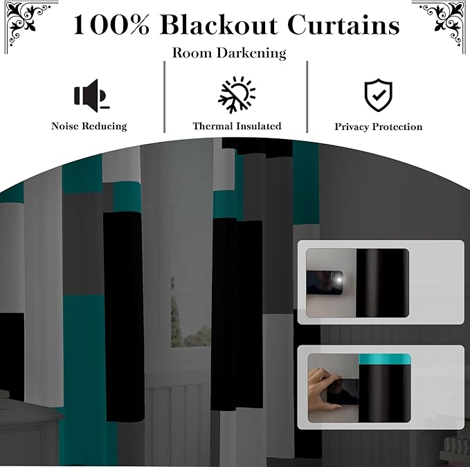 Teal/Turquoise 100% Blackout Curtains for Bedroom 72 inch Length 2 Panels Set White Grey Modern Abstract Geometric Black Out Curtains Room Darkening Window Drapes for Living Room, 42Wx72L