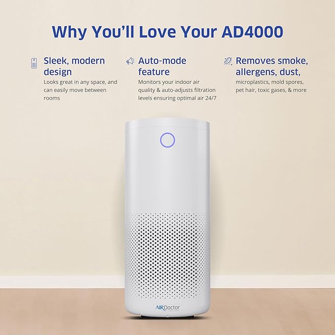 AirDoctor 4000 Air Purifier for Large Rooms | Triple filtration technology with UltraHEPA, Carbon/VOC material & Air Quality Sensor | Captures Particles 100x Smaller Than HEPA Standard (White)