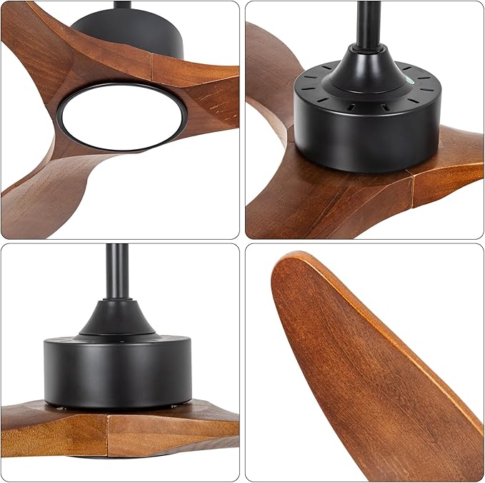 revoici 52 Inch Brown Wood Ceiling Fan with Light and Remote, 6 Speed and Reversible DC Motor, 3 Blade Low Profile Flush Mount Mordern Wood Ceiling Fans for Living Room Bedroom Outdoor Patio