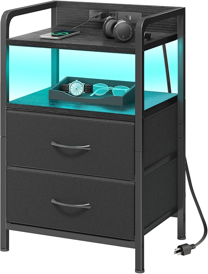 Fixwal Black Led Nightstand, Rear Charging Station, 2 Fabric Drawers | by Fixwal