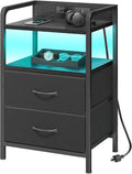 Fixwal Black Led Nightstand, Rear Charging Station, 2 Fabric Drawers | by Fixwal