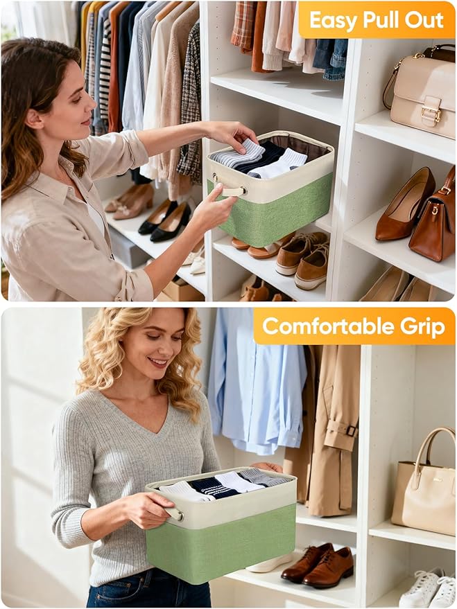 BALEINE 1 Pack Fabric Storage Bins for Shelves, Linen Storage Baskets for Organizing, Decorative Closet Bins for Clothes, Home (Green, 15''x11''x9.5'')