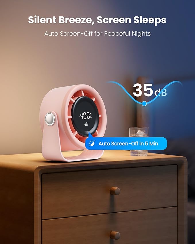Gaiatop Small Desk Fan Rechargeable, 5in Personal Fan 4000mAh Battery Powered, Touch Control LED Display, 360° Tilt, 5-Speed Strong Wind, Bedroom Dorm Office Desk Accessories, Gifts for Women Girls