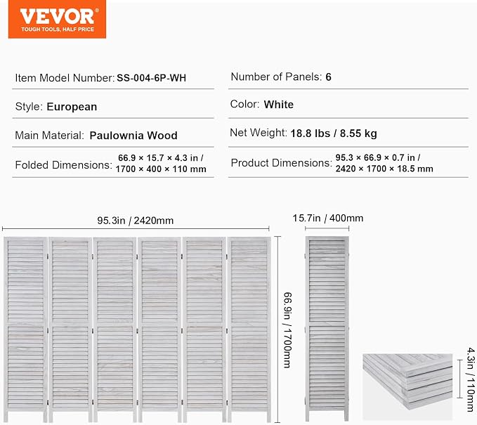 VEVOR Wood Room Divider, 6 Panel Wood Folding Privacy Screen, 66.9 Inches Tall - Image 8
