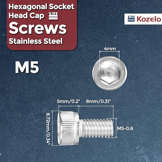 Kozelo 100pcs Socket Head Cap Screws - [M5-0.8 x 8mm] 304 Stainless Steel Allen Socket Drive for Electrical Motor 3D Printing Fan Engine Replacement Use, Silver