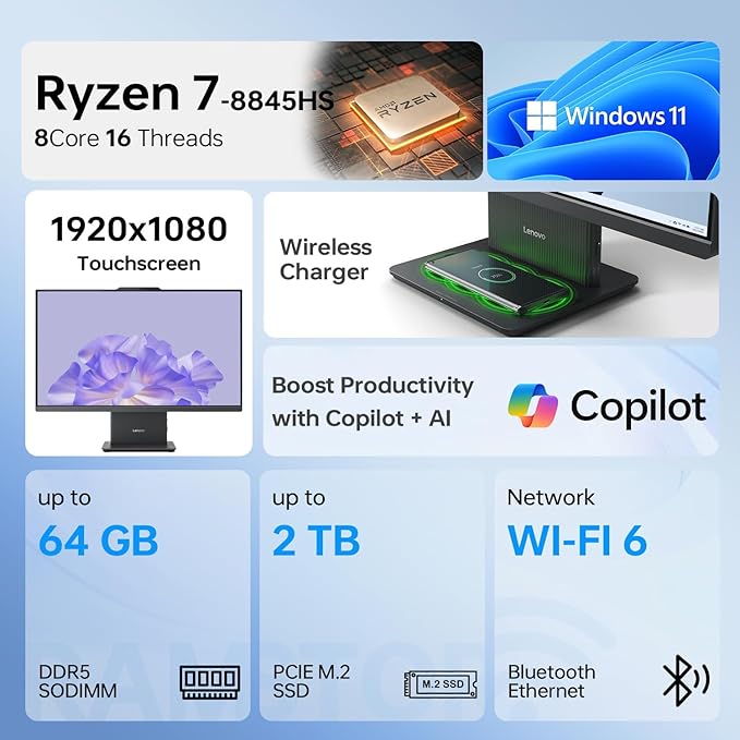 Lenovo IdeaCentre Business All-in-One PC, 27" FHD 100Hz Display, AMD Ryzen 7 8845HS, 32GB DDR5 RAM, 2TB SSD, Wi-Fi 6, Win11 Home, Wireless KB & M, Copilot-Ready, Bundle with Adata UC310 64GB