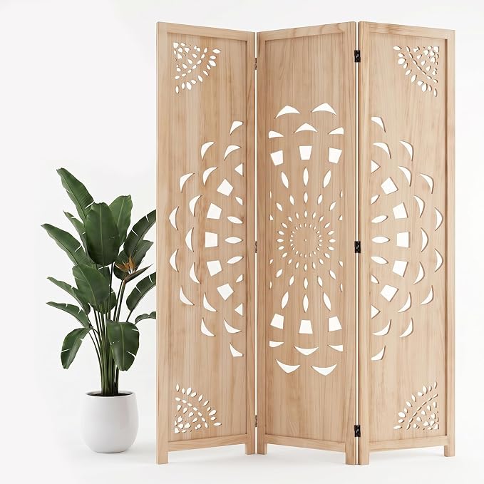3 Panel Room dividers, 66.9" Boho Double-Sided Carved Screen, Natural | by Shinkael