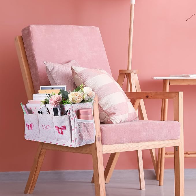 Pink Bow Bedside Caddy, Cute Bow Bedside Organizer, Bed Rail - Image 4