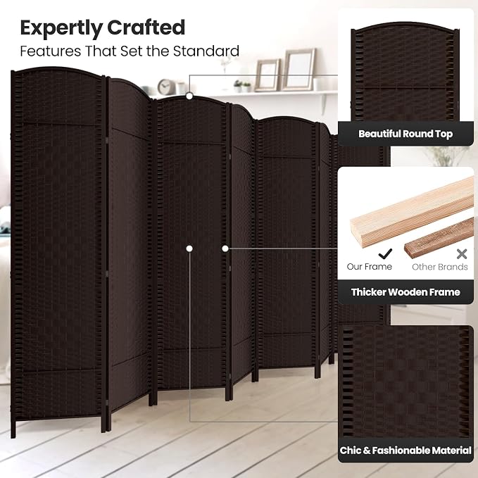 8 Panel Folding Room Divider, Woven Privacy Screen, Chocolate | Solid wood frame - Image 2