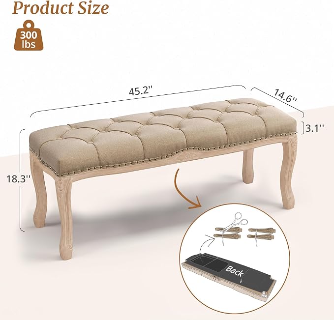 Bedroom Bench, French Vintage Tufted Entryway Bench, 45.2" Carving Upholstered - Image 3