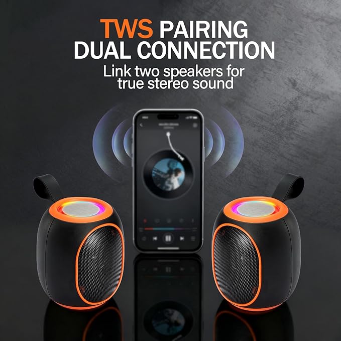 Portable Bluetooth Speaker – 8W HD audio quality, TWS stereo pairing, LED light show, compact and portable, suitable for outdoor use, can be used in cars, travel and parties, a cool teen gift(Orange)