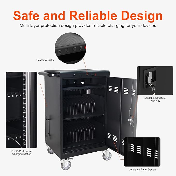Aokleo Laptop Charging Cart,35 Devices Tablet Storage Carts for pad Up to 16.3" Screen Size, Classroom Computer Mobile Charging Station for Pads, Chromebooks,Laptops, Security Storage(31+4 Bay-Black)