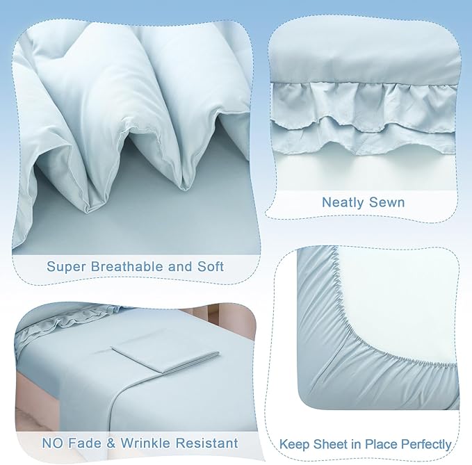 Wowelife Toddler Comforter for Girls Blue Toddler Bedding Set 4 Pieces Double Ruffles Comforter Sets, Cozy and Tender Bedding Includes Comforter, Fitted Sheet, Flat Top Sheet and Pillowcase