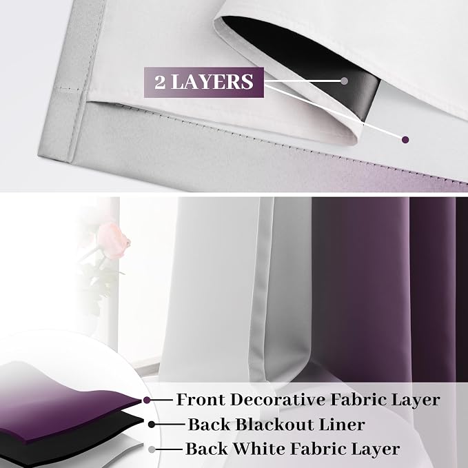 COSVIYA 100% Blackout Purple Ombre Curtains - Image 2