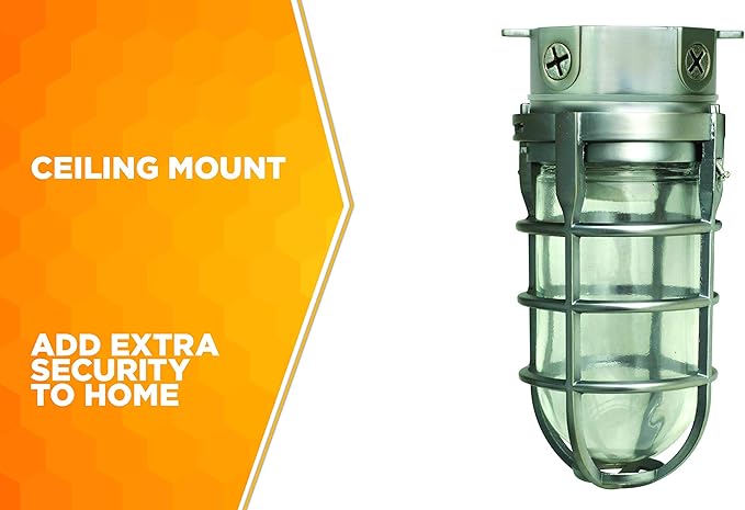 Woods L1706BS Vandal Resistant 150W Incandescent Security Light; Ceiling Mount; Compatible With Up To 50 Watt Standard Base Bulbs; Brushed Steel
