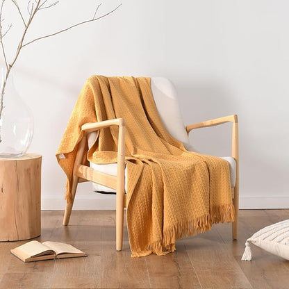 100% Cotton Waffle Blanket with Fringe, Pre-Washed Waffle Weave Blanket for All Season, Lightweight Breathable Soft Cozy Throw Blanket for Couch, Bed, Travel (Mustand Yellow - 66x90 Inches)
