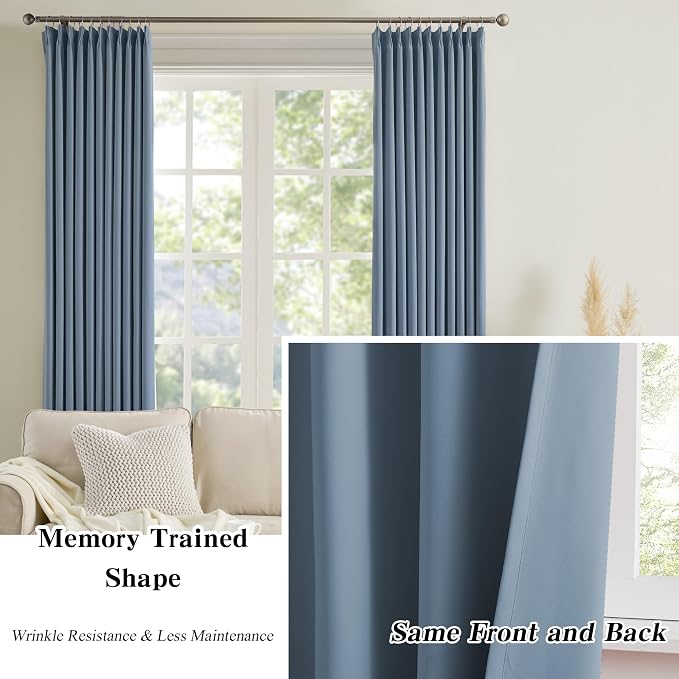 Dusty Blue Pleat Wide Width Drapes 80 x 102 inch Long 2 Panels - Image 6