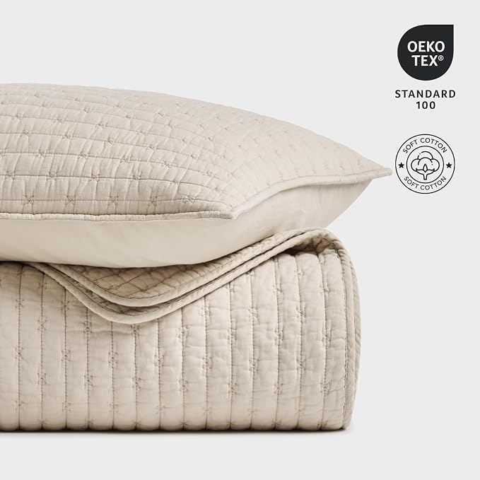 100% Cotton Cross Stitch 3-Piece Quilt Set, Flax Beige | 100% Cotton, Elegant - Image 6