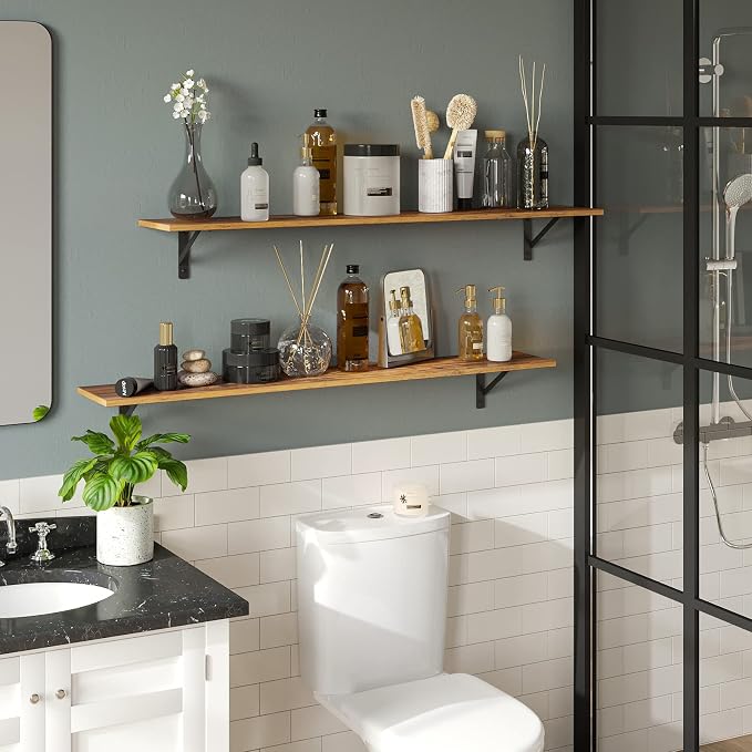 Long Wall Shelves, 47.3Inch Wooden Wall Mounted Shelves, Metal Brackets - Image 5