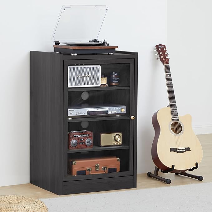 LEVNARY Media Cabinet with Door, Black 5-Tier Stereo Cabinet with Adjustable Shelves, AV Media Storage Shelf with Cable Management, Audio-Video Rack Stand for Living, Gaming, Recording Room (Black)