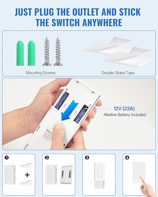WILAWELS Remote Control Outlet Wireless Light Switch, Removable Remote Outlet Switch Kit for Lamps, Lights, Appliance, Expandable, 100ft RF Range, FCC Listed (1 Controller + 2 Outlets) W08RC1206