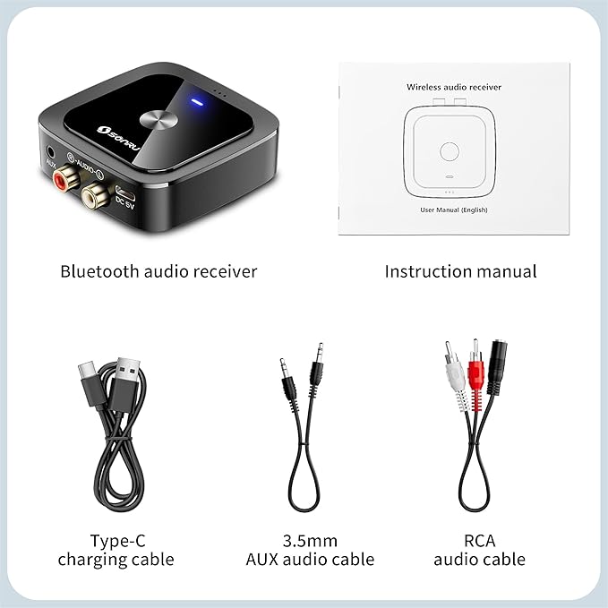SONRU Bluetooth 6.0 Receiver, Bluetooth Adapter for Old Receiver, Low Latency, 24-Hour Battery Life with AUX 3.5mm/RCA, HiFi Wireless Audio Adapter for Speakers/Home Music Streaming Stereo System