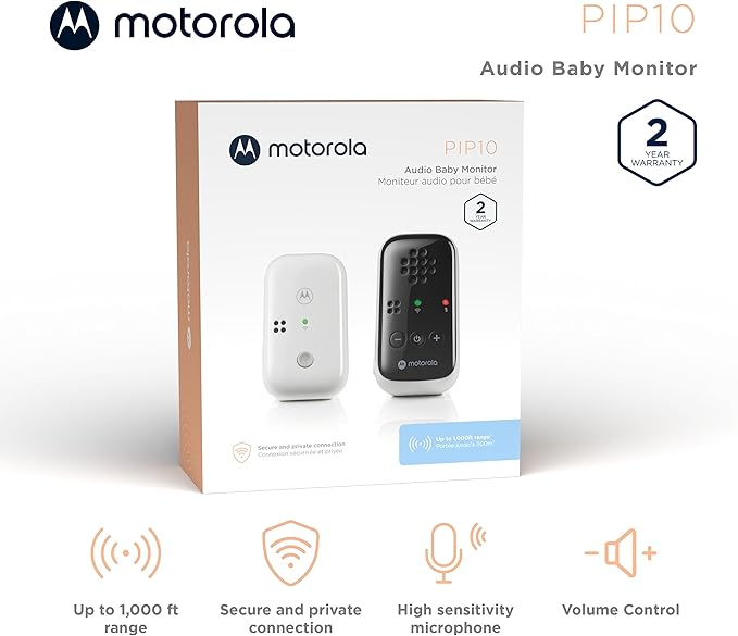 Motorola Nursery Baby Monitor, 1000ft Range PIP10 Audio Only, No WiFi Needed, Cry Detection, Alert Light, Portable Parent Unit for Easy Monitoring