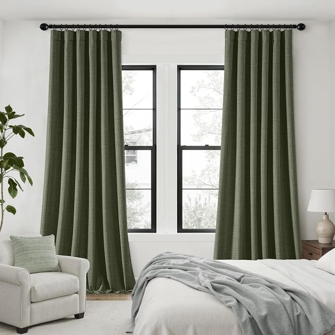 MIULEE 100% Blackout Back Tab Pleat Linen Curtains 50" Wx102 L, Olive Green | 2 - Image 2