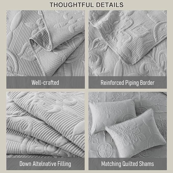 B2EVER Light Grey Damask Quilt Twin Size Bedding Sets - Image 6
